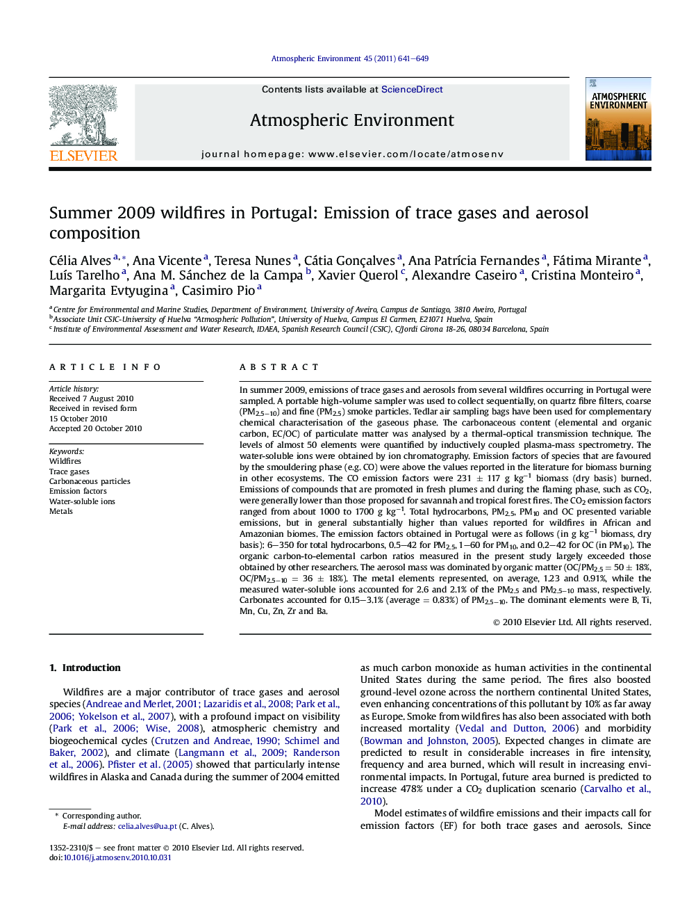 Summer 2009 wildfires in Portugal: Emission of trace gases and aerosol composition