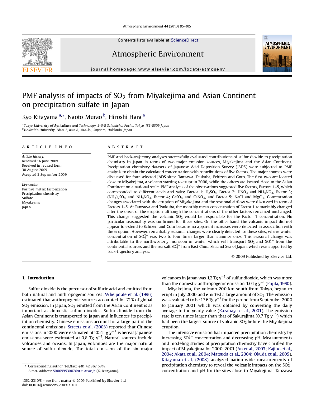 PMF analysis of impacts of SO2 from Miyakejima and Asian Continent on precipitation sulfate in Japan