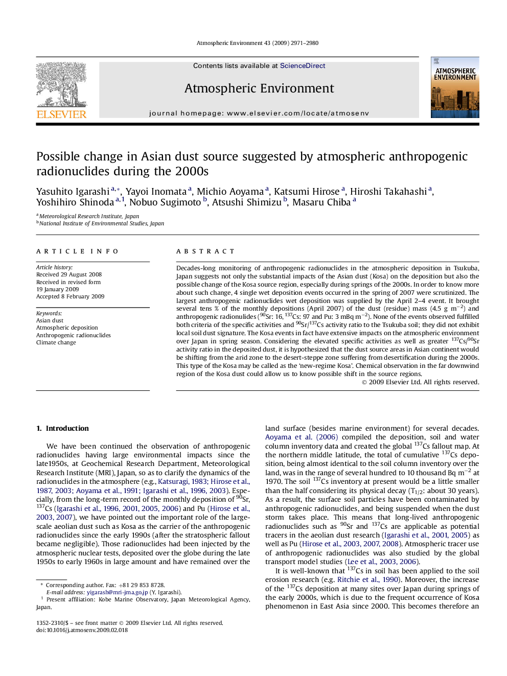 Possible change in Asian dust source suggested by atmospheric anthropogenic radionuclides during the 2000s