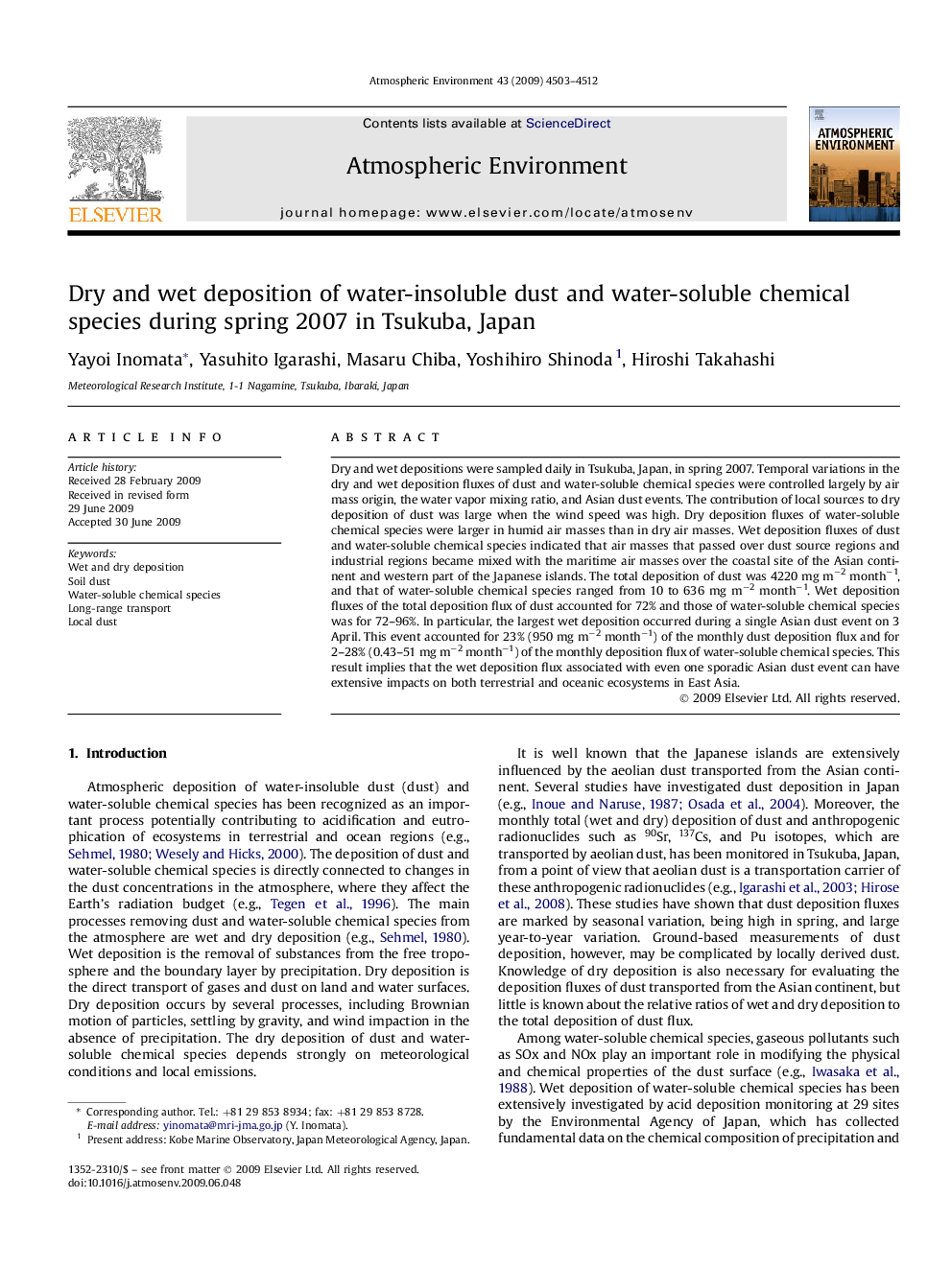 Dry and wet deposition of water-insoluble dust and water-soluble chemical species during spring 2007 in Tsukuba, Japan