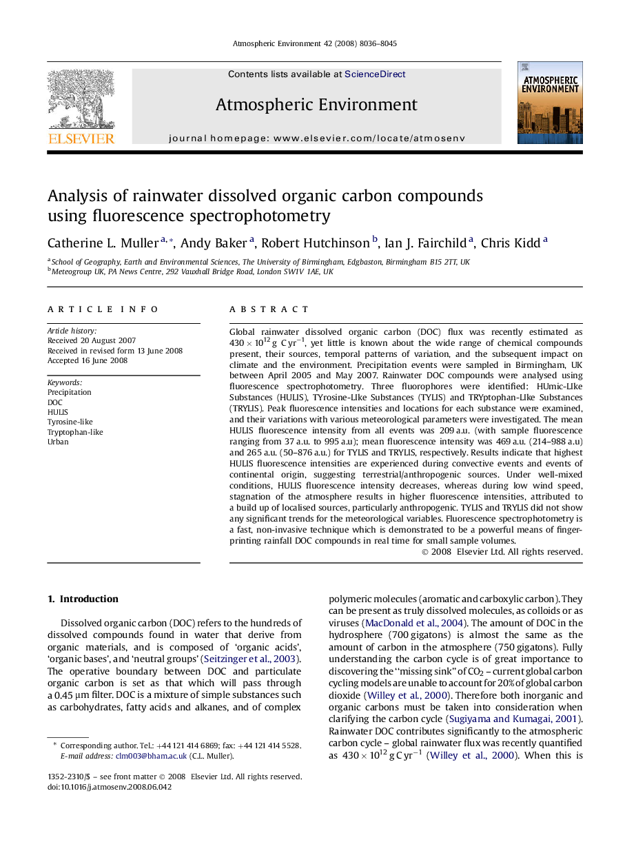 Analysis of rainwater dissolved organic carbon compounds using fluorescence spectrophotometry