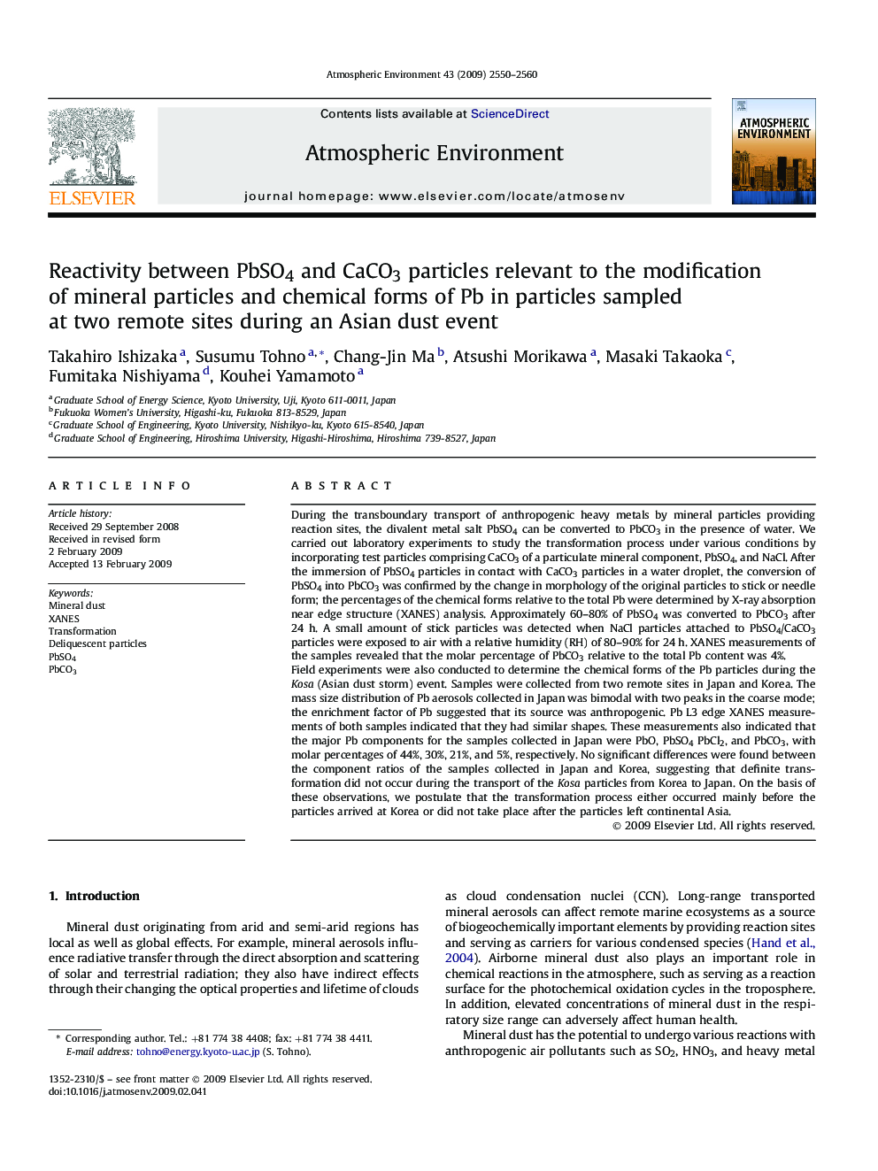 Reactivity between PbSO4 and CaCO3 particles relevant to the modification of mineral particles and chemical forms of Pb in particles sampled at two remote sites during an Asian dust event