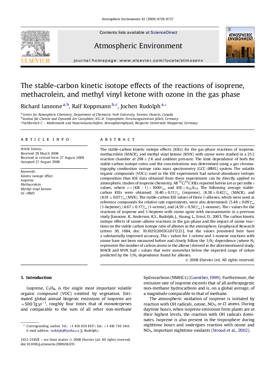 The stable-carbon kinetic isotope effects of the reactions of isoprene, methacrolein, and methyl vinyl ketone with ozone in the gas phase