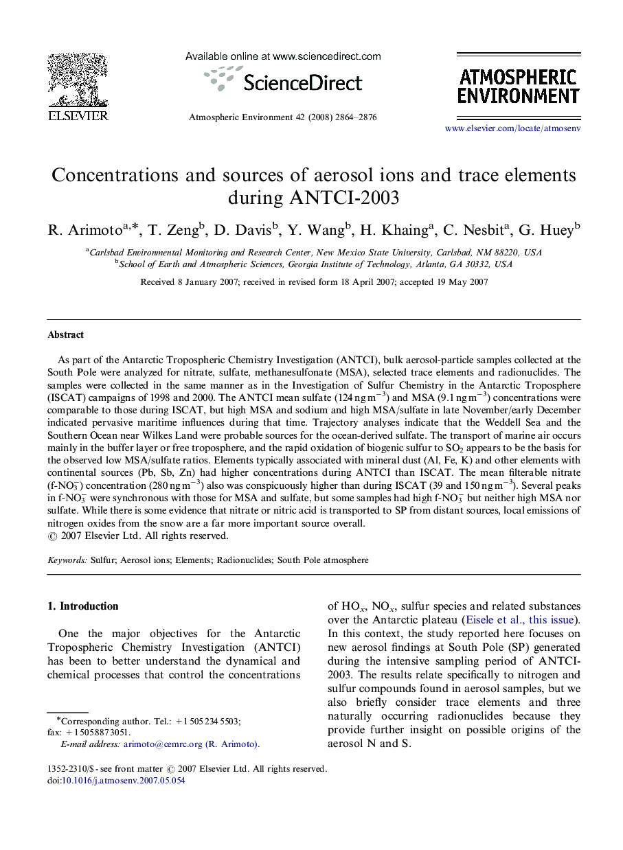 Concentrations and sources of aerosol ions and trace elements during ANTCI-2003