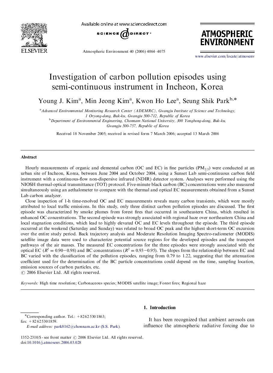 Investigation of carbon pollution episodes using semi-continuous instrument in Incheon, Korea