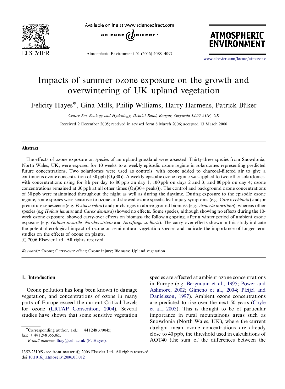 Impacts of summer ozone exposure on the growth and overwintering of UK upland vegetation