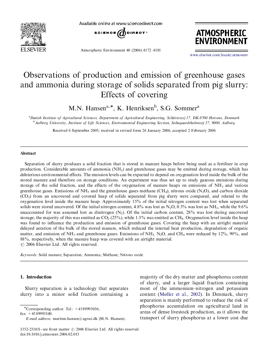 Observations of production and emission of greenhouse gases and ammonia during storage of solids separated from pig slurry: Effects of covering