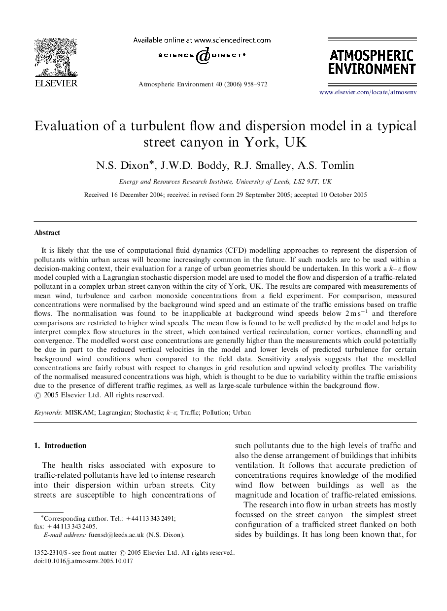 Evaluation of a turbulent flow and dispersion model in a typical street canyon in York, UK