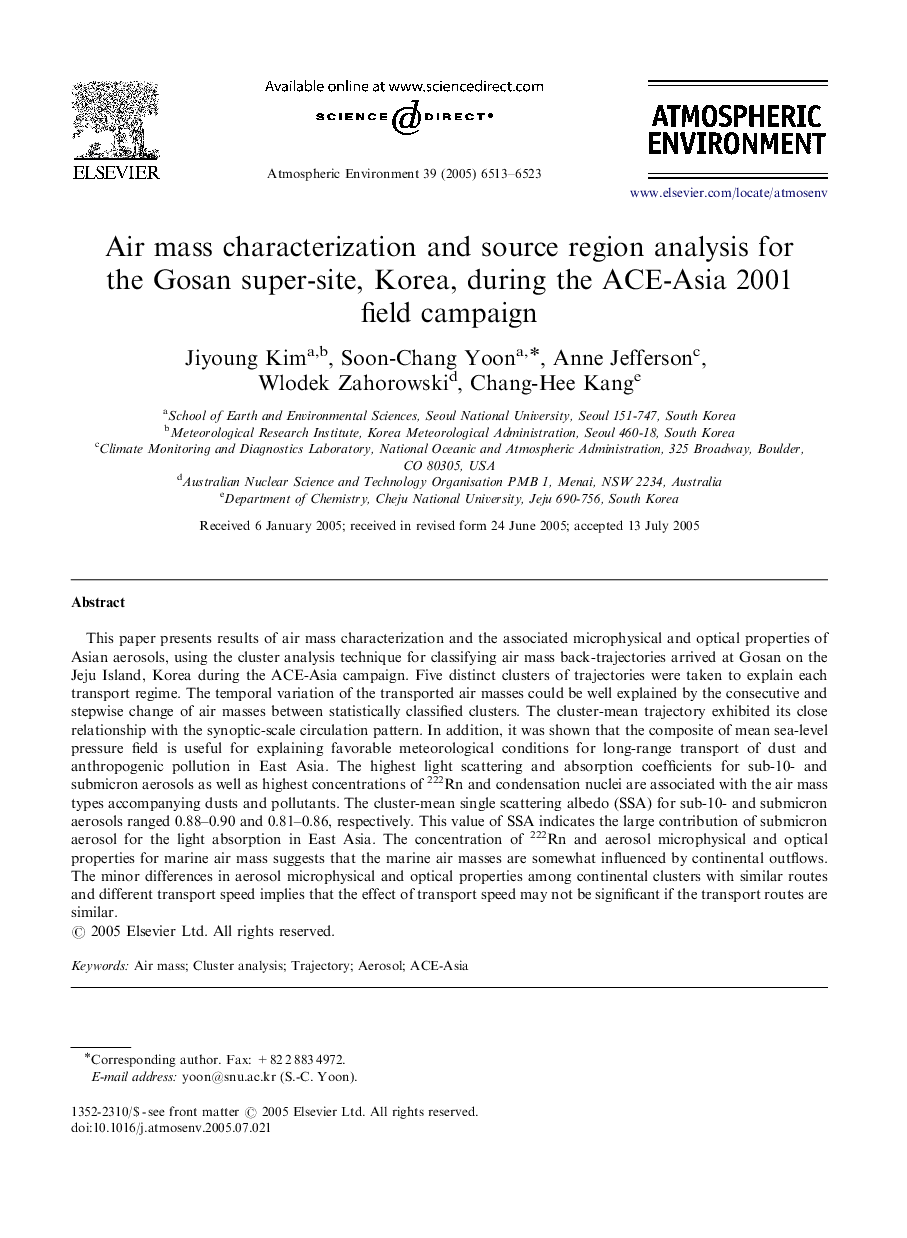 Air mass characterization and source region analysis for the Gosan super-site, Korea, during the ACE-Asia 2001 field campaign