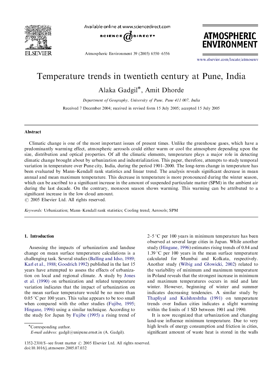 Temperature trends in twentieth century at Pune, India