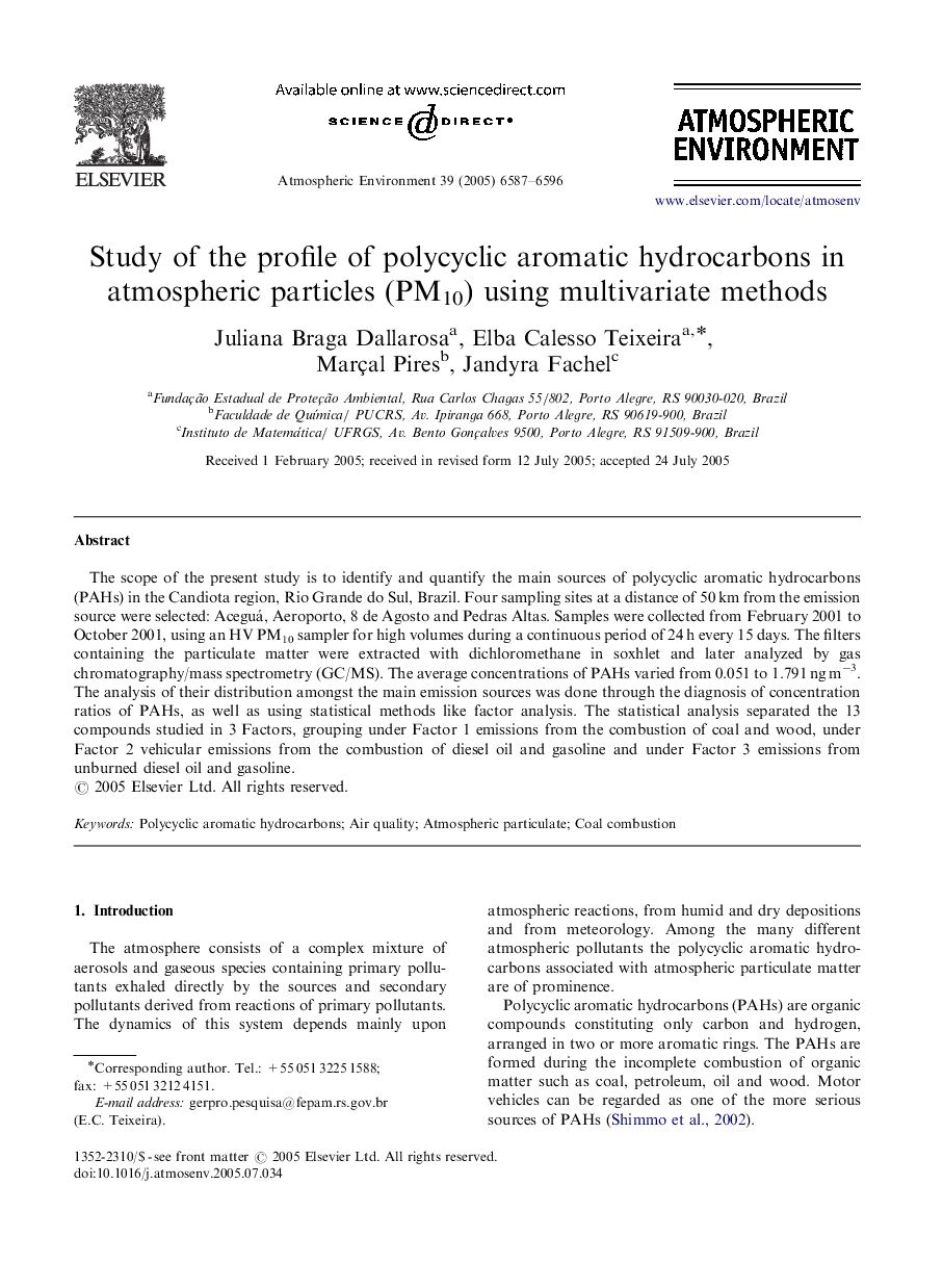 Study of the profile of polycyclic aromatic hydrocarbons in atmospheric particles (PM10) using multivariate methods