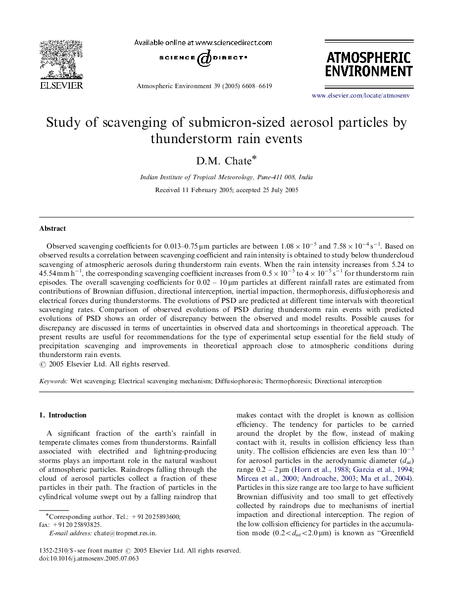 Study of scavenging of submicron-sized aerosol particles by thunderstorm rain events