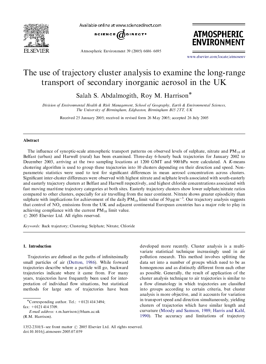 The use of trajectory cluster analysis to examine the long-range transport of secondary inorganic aerosol in the UK