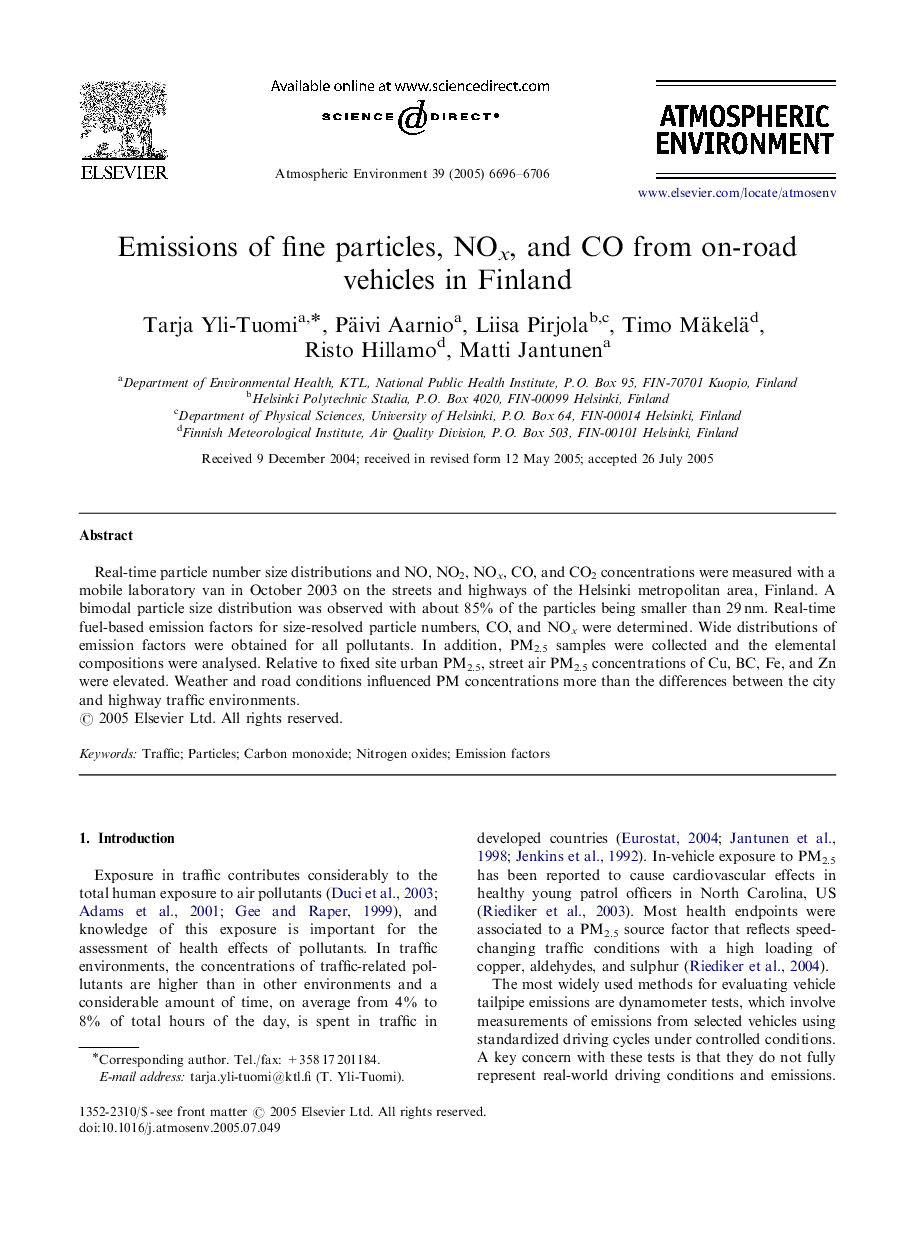 Emissions of fine particles, NOx, and CO from on-road vehicles in Finland