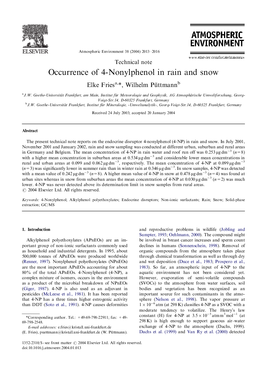 وقوع 4 Nonylphenol در باران و برف