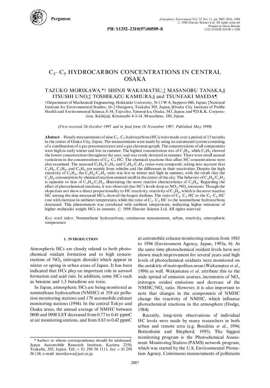 C2–C5 hydrocarbon concentrations in Central Osaka