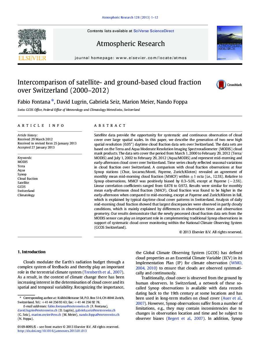 Intercomparison of satellite- and ground-based cloud fraction over Switzerland (2000–2012)