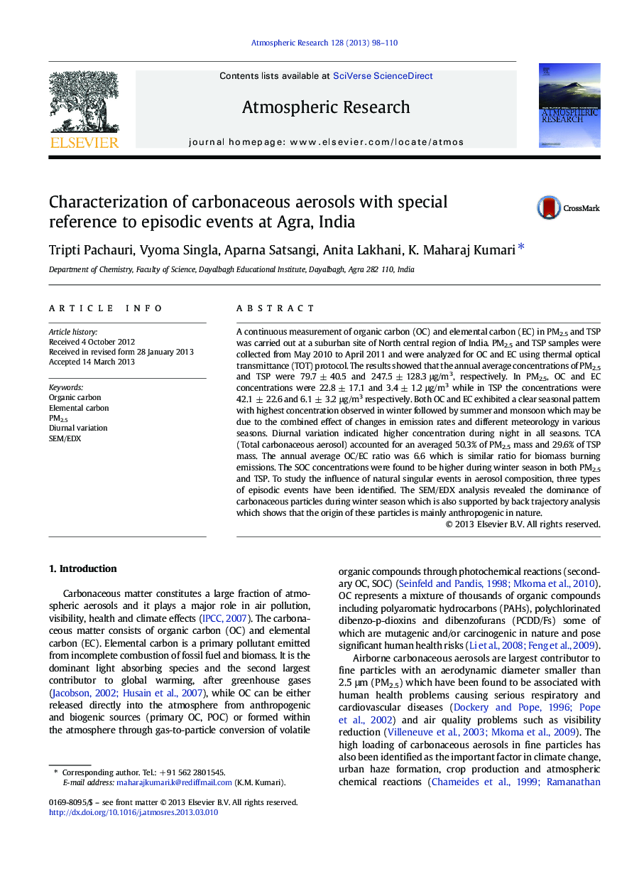 Characterization of carbonaceous aerosols with special reference to episodic events at Agra, India