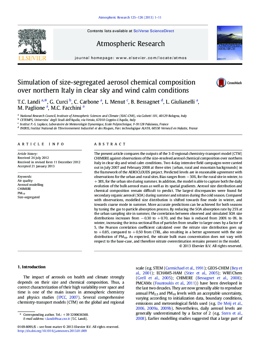 Simulation of size-segregated aerosol chemical composition over northern Italy in clear sky and wind calm conditions
