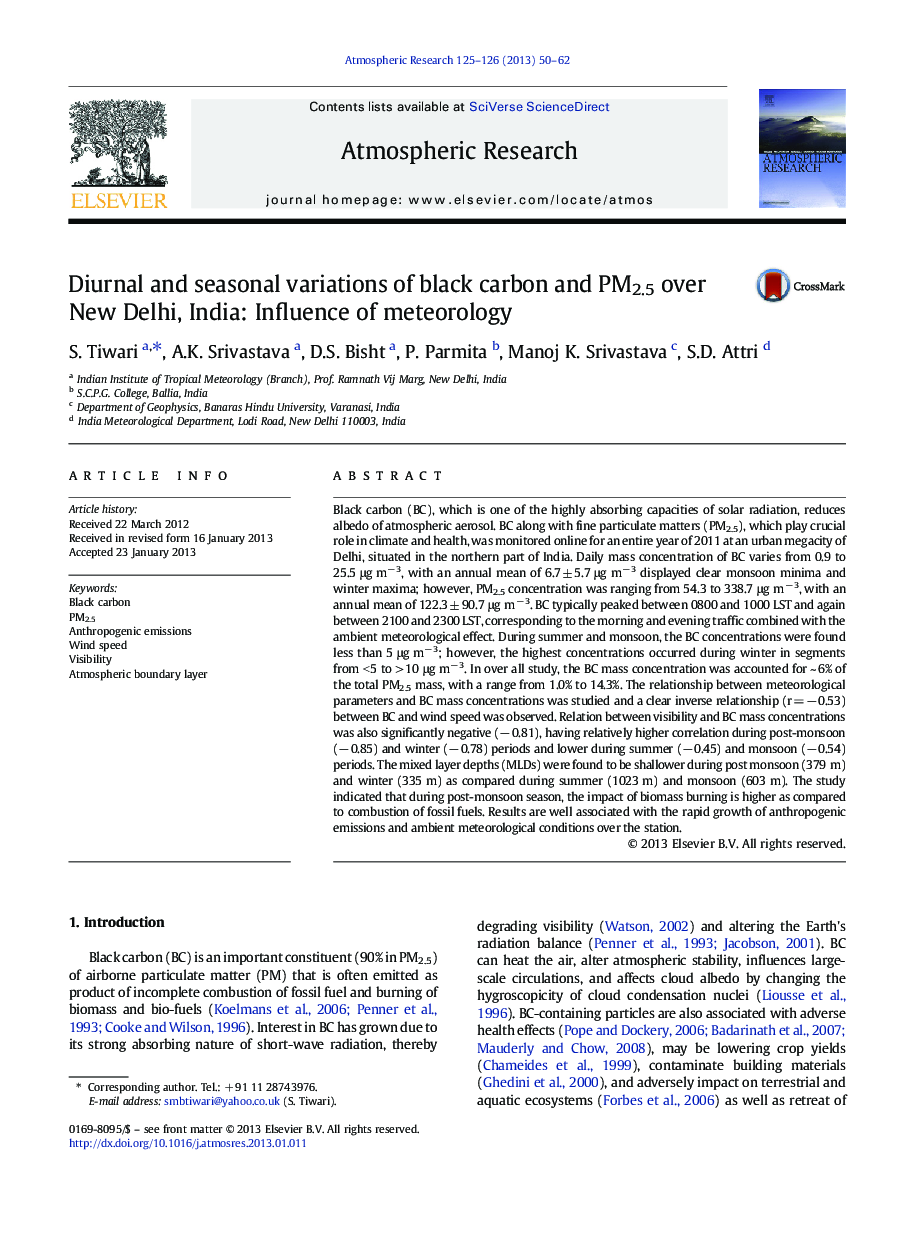 Diurnal and seasonal variations of black carbon and PM2.5 over New Delhi, India: Influence of meteorology