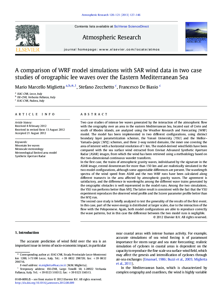 A comparison of WRF model simulations with SAR wind data in two case studies of orographic lee waves over the Eastern Mediterranean Sea