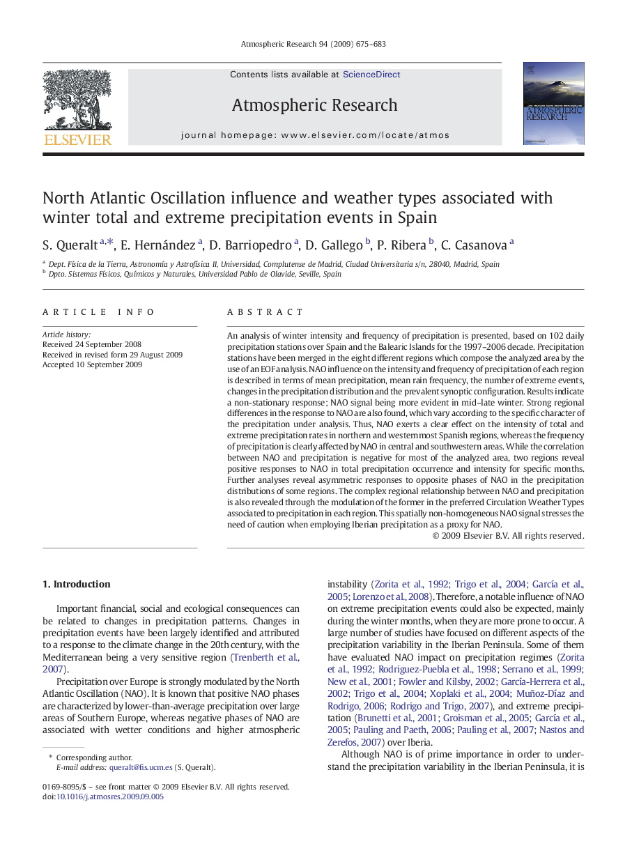 North Atlantic Oscillation influence and weather types associated with winter total and extreme precipitation events in Spain