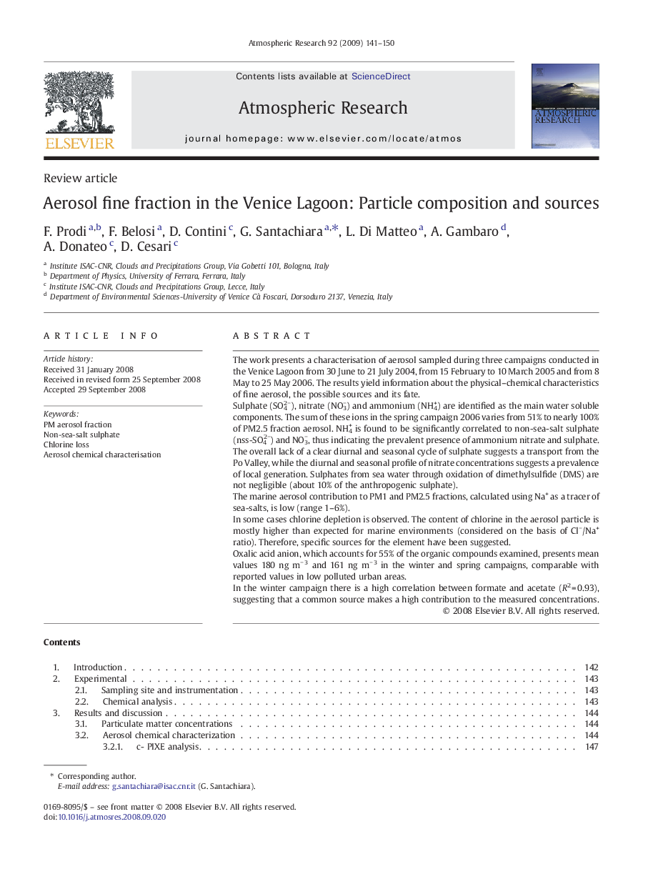 Aerosol fine fraction in the Venice Lagoon: Particle composition and sources