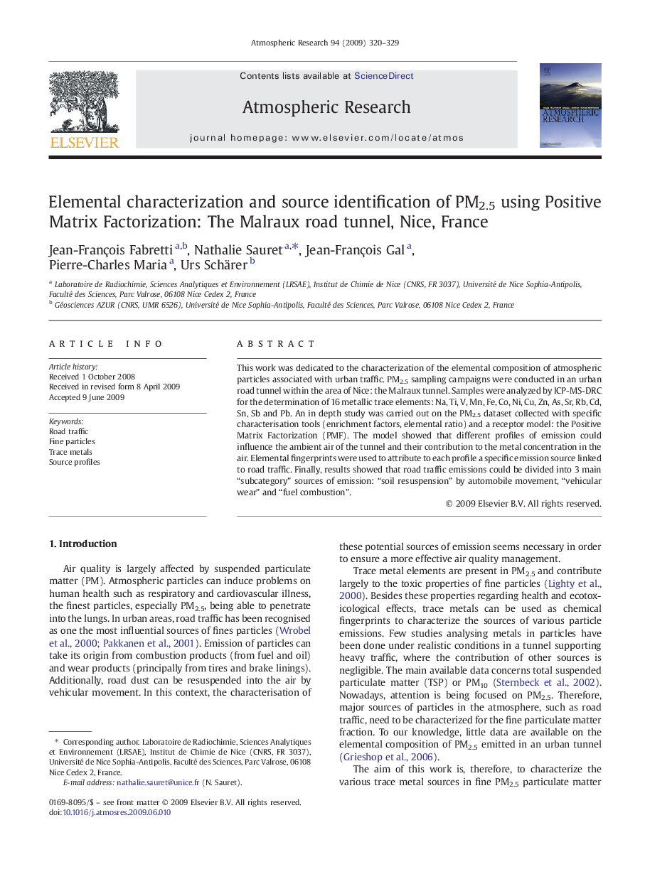 Elemental characterization and source identification of PM2.5 using Positive Matrix Factorization: The Malraux road tunnel, Nice, France