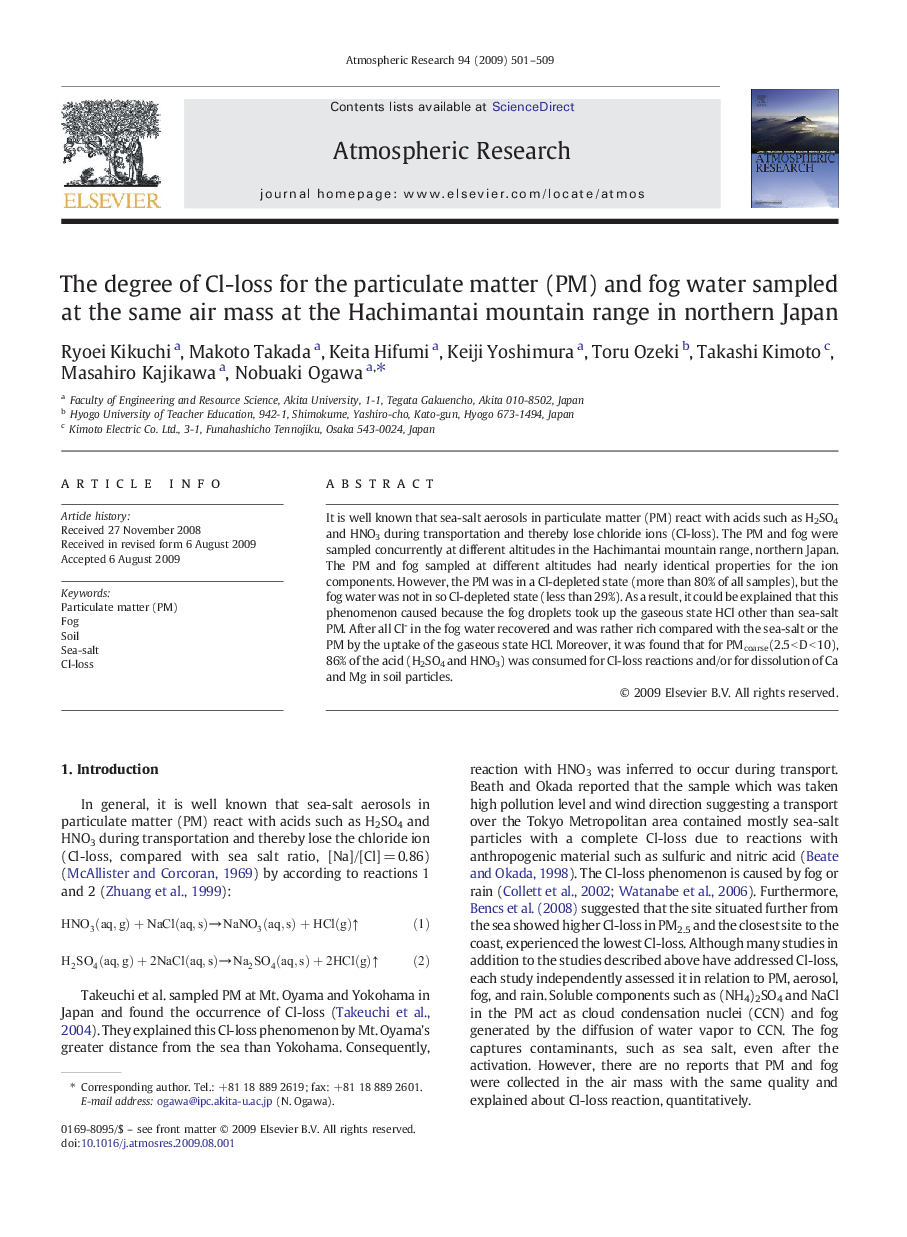 The degree of Cl-loss for the particulate matter (PM) and fog water sampled at the same air mass at the Hachimantai mountain range in northern Japan