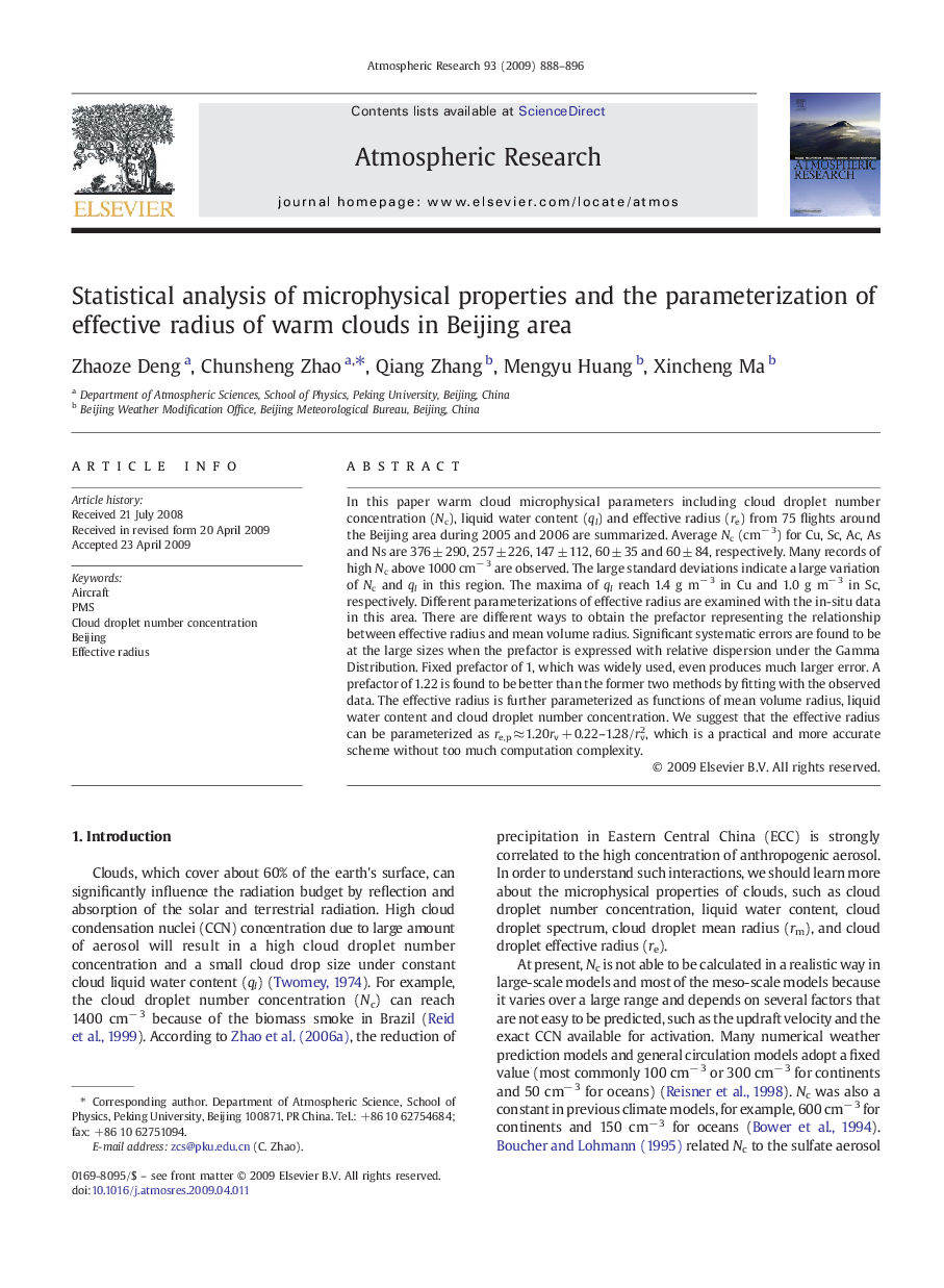 Statistical analysis of microphysical properties and the parameterization of effective radius of warm clouds in Beijing area