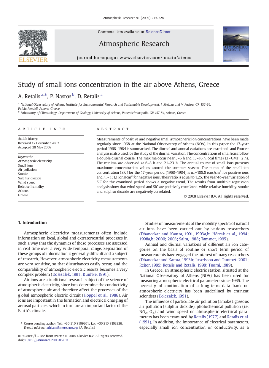 Study of small ions concentration in the air above Athens, Greece