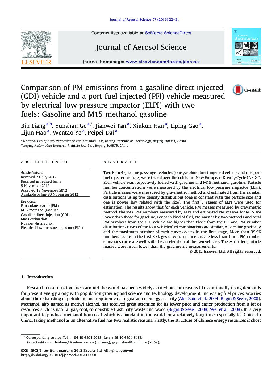 Comparison of PM emissions from a gasoline direct injected (GDI) vehicle and a port fuel injected (PFI) vehicle measured by electrical low pressure impactor (ELPI) with two fuels: Gasoline and M15 methanol gasoline