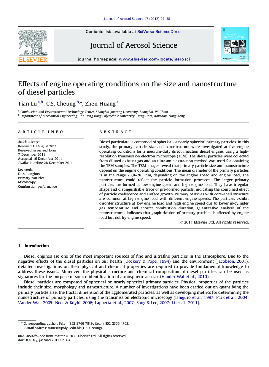 Effects of engine operating conditions on the size and nanostructure of diesel particles