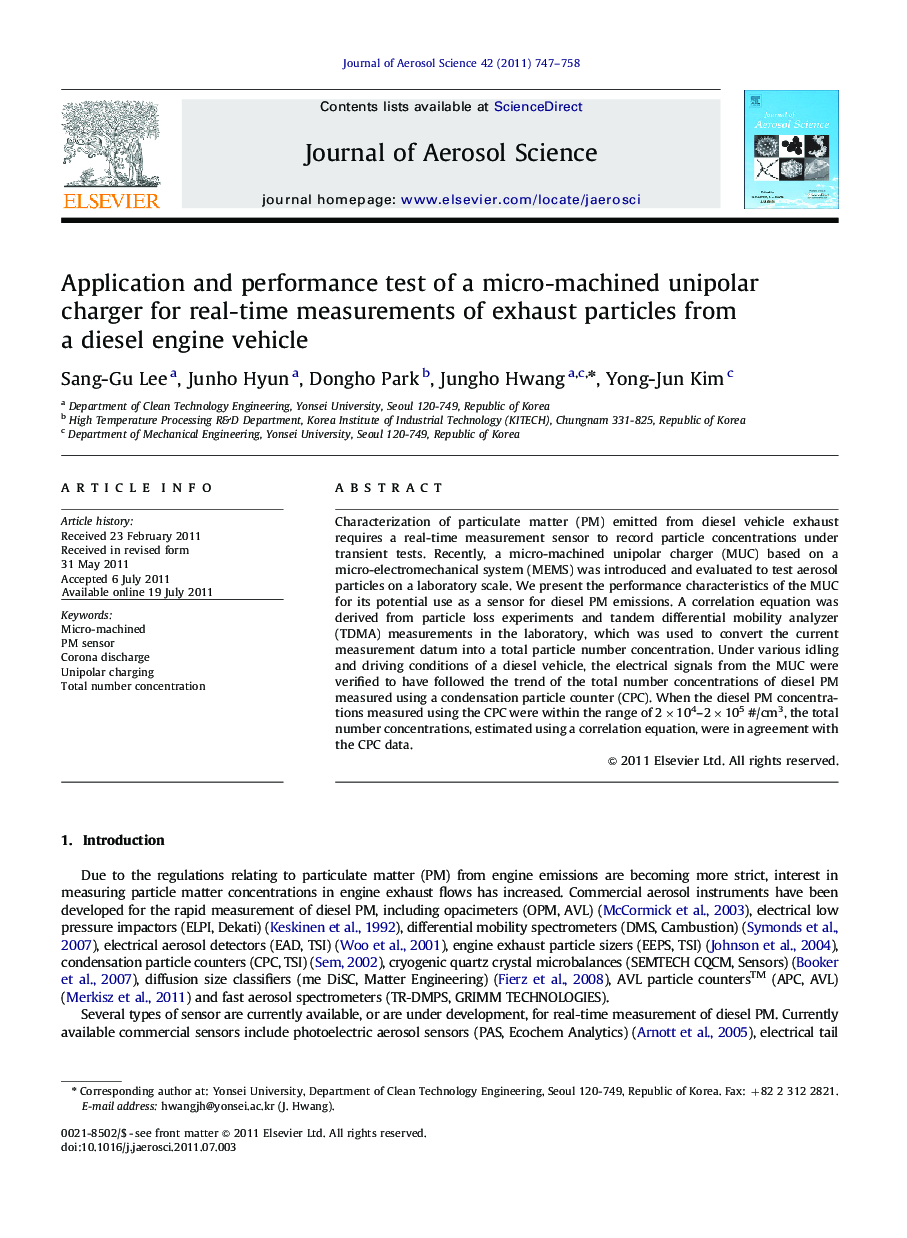 Application and performance test of a micro-machined unipolar charger for real-time measurements of exhaust particles from a diesel engine vehicle