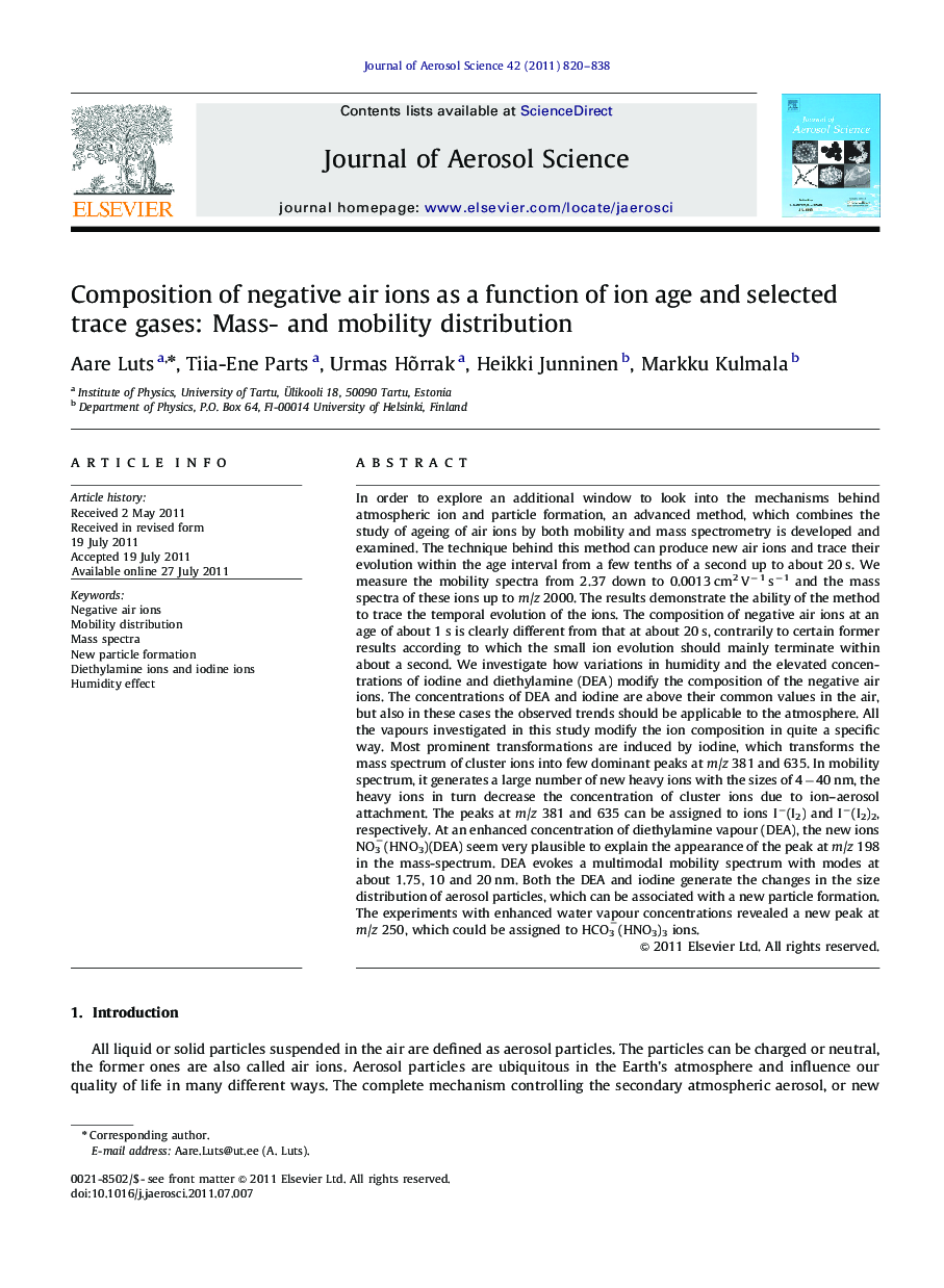 Composition of negative air ions as a function of ion age and selected trace gases: Mass- and mobility distribution