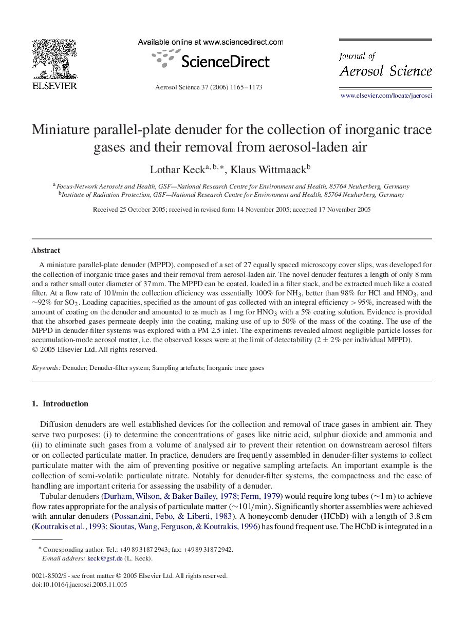 Miniature parallel-plate denuder for the collection of inorganic trace gases and their removal from aerosol-laden air