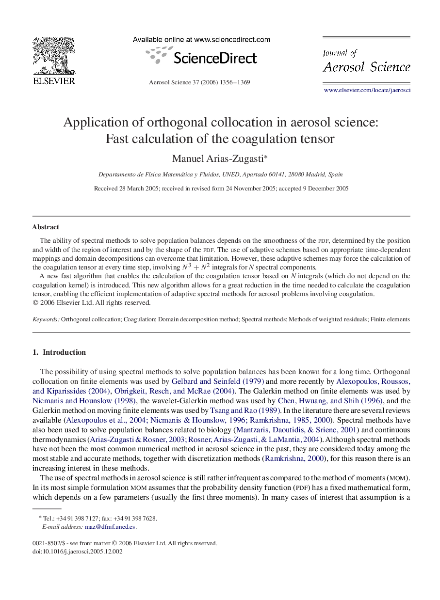 Application of orthogonal collocation in aerosol science: Fast calculation of the coagulation tensor