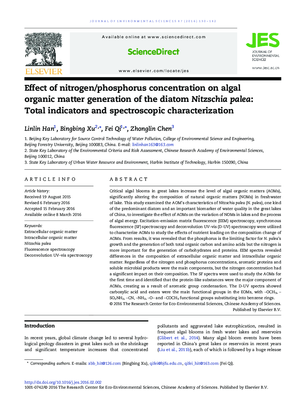 Effect of nitrogen/phosphorus concentration on algal organic matter generation of the diatom Nitzschia palea: Total indicators and spectroscopic characterization