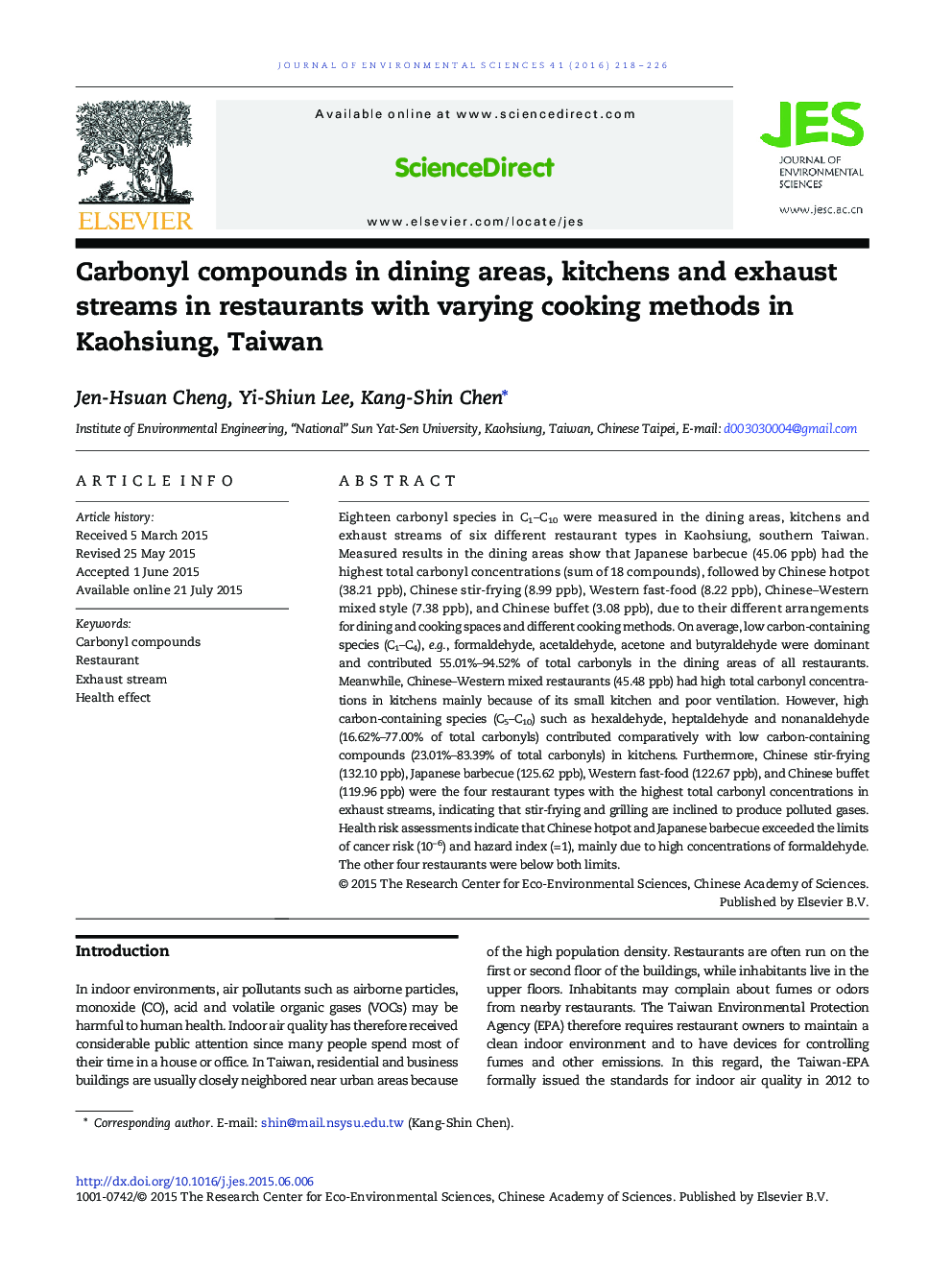 Carbonyl compounds in dining areas, kitchens and exhaust streams in restaurants with varying cooking methods in Kaohsiung, Taiwan