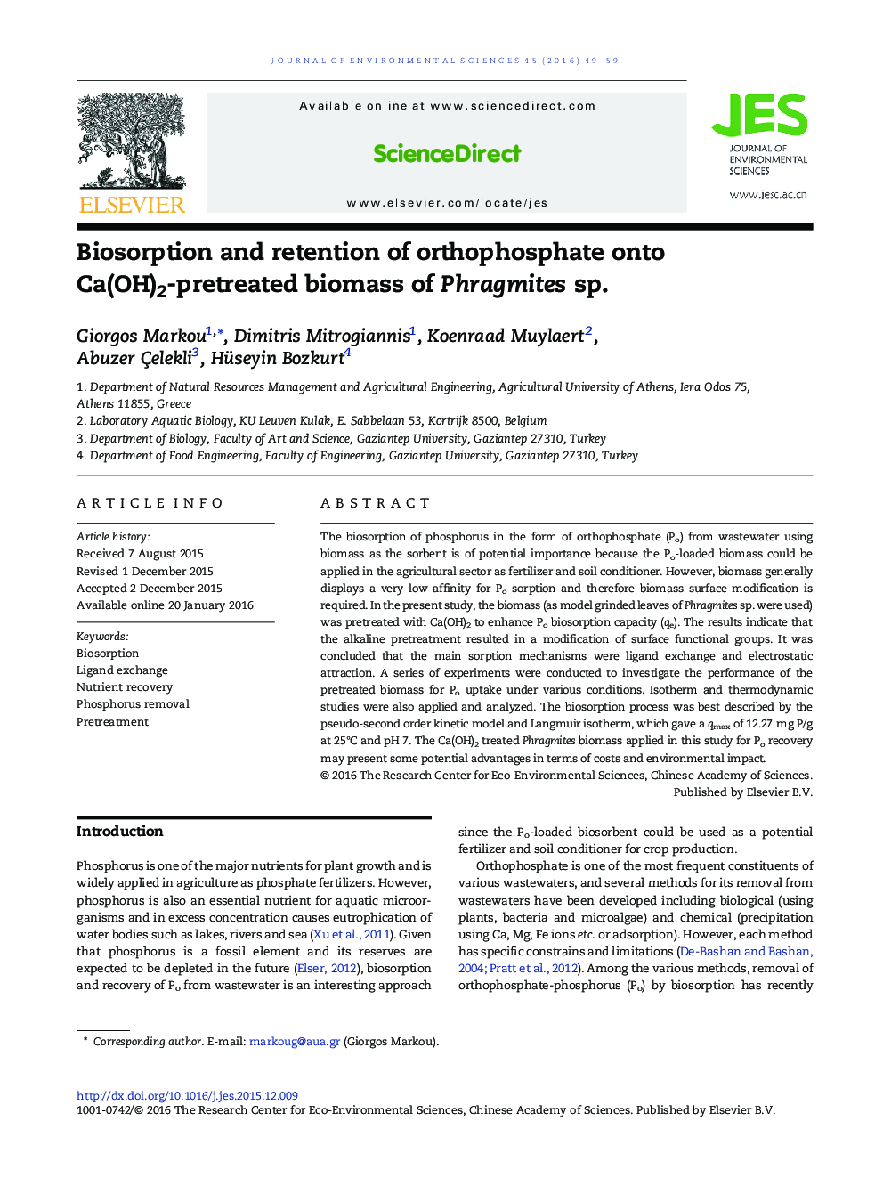 Biosorption and retention of orthophosphate onto Ca(OH)2-pretreated biomass of Phragmites sp.