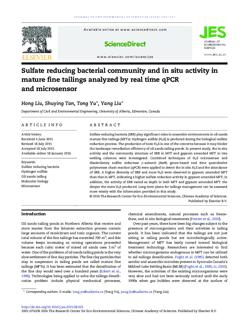 Sulfate reducing bacterial community and in situ activity in mature fine tailings analyzed by real time qPCR and microsensor