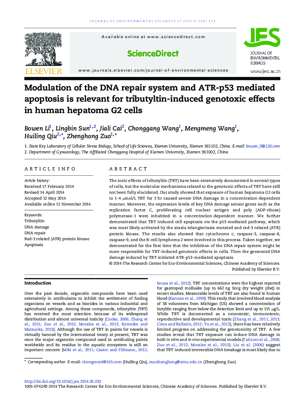 Modulation of the DNA repair system and ATR-p53 mediated apoptosis is relevant for tributyltin-induced genotoxic effects in human hepatoma G2 cells