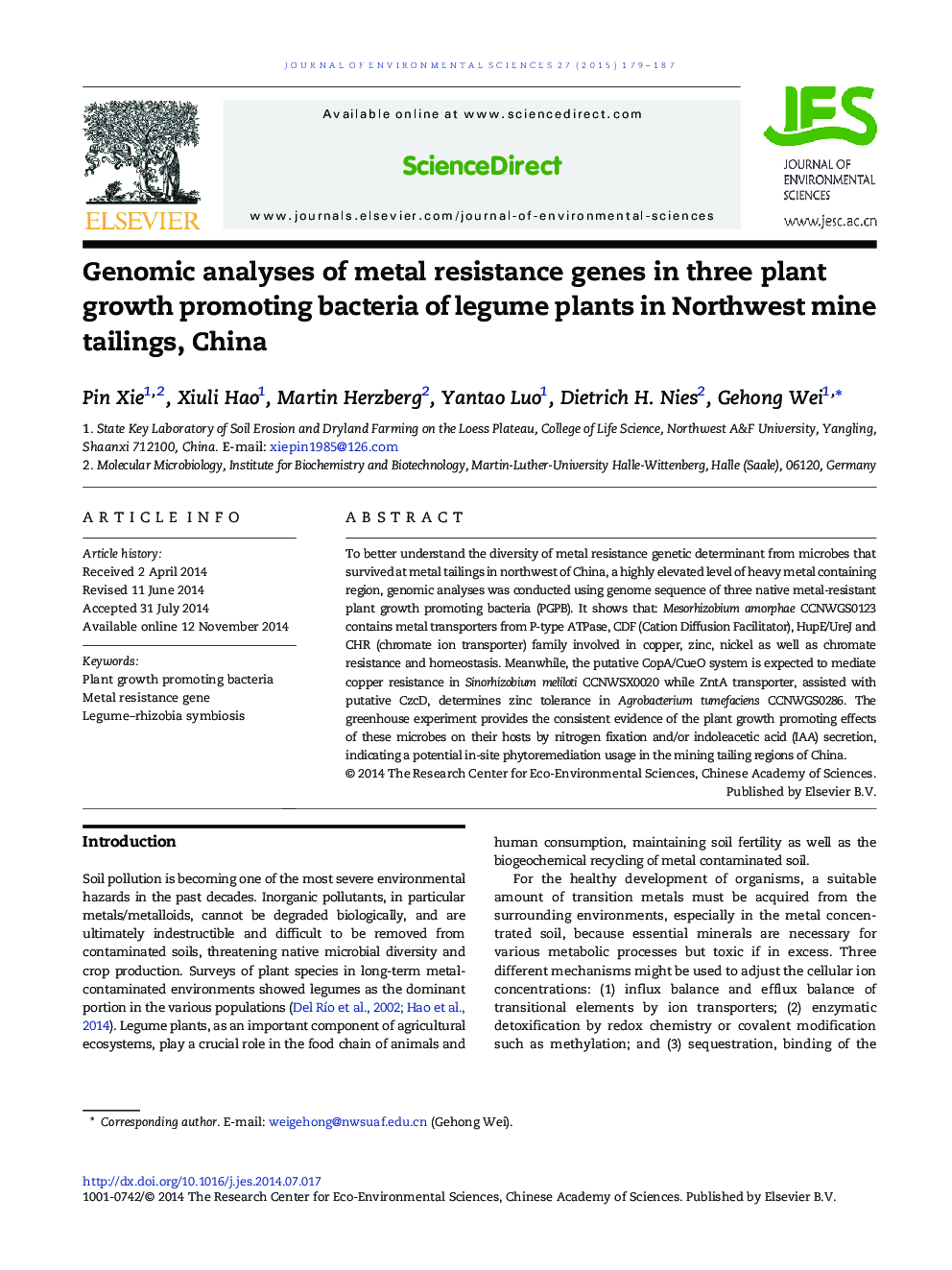 تجزیه و تحلیل ژنومی از ژن های مقاوم در برابر فلزات در سه بوته پرورش گیاهان زیتون در بوته های معدنی شمال غربی، چین 
