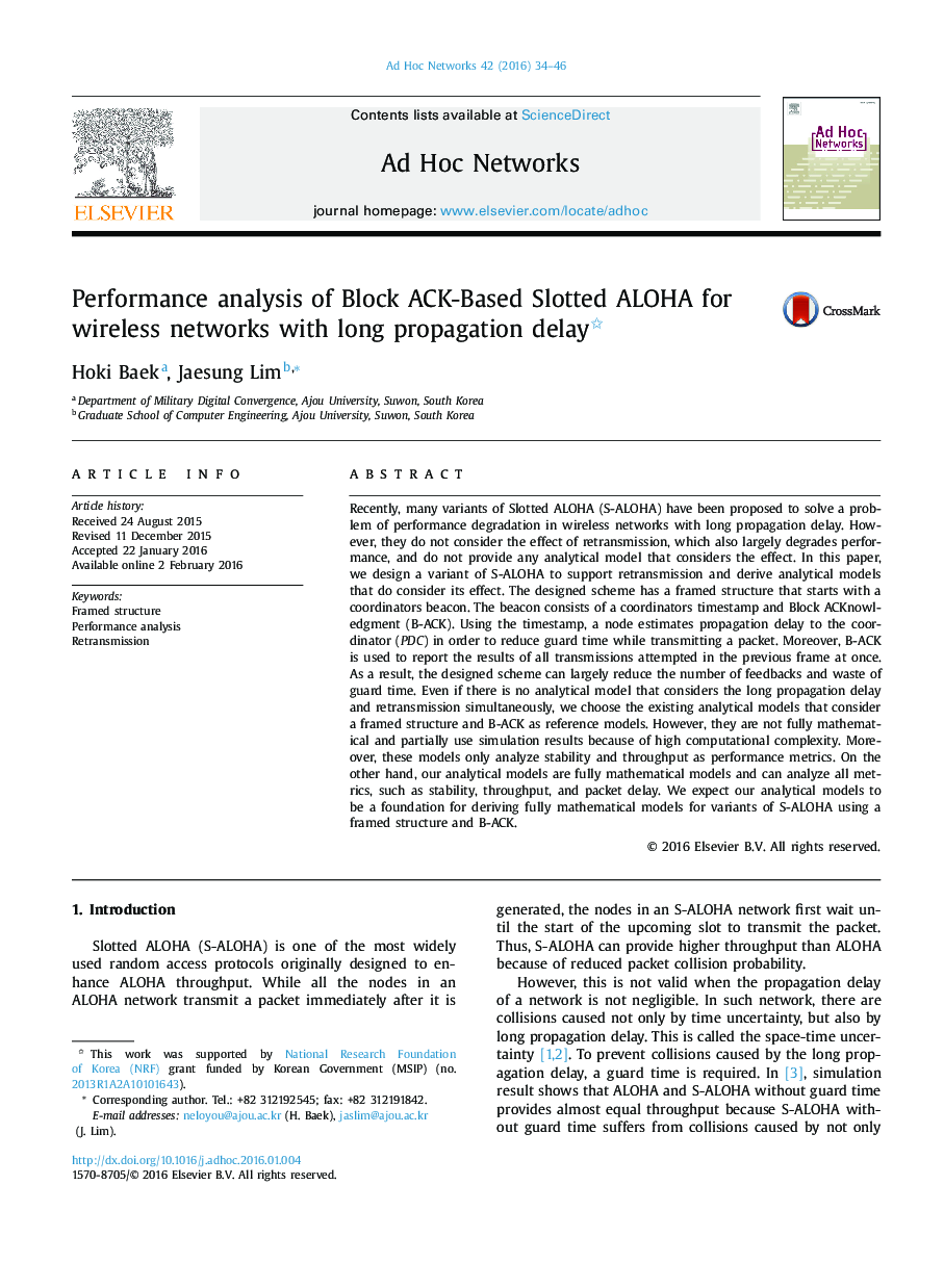 Performance analysis of Block ACK-Based Slotted ALOHA for wireless networks with long propagation delay 