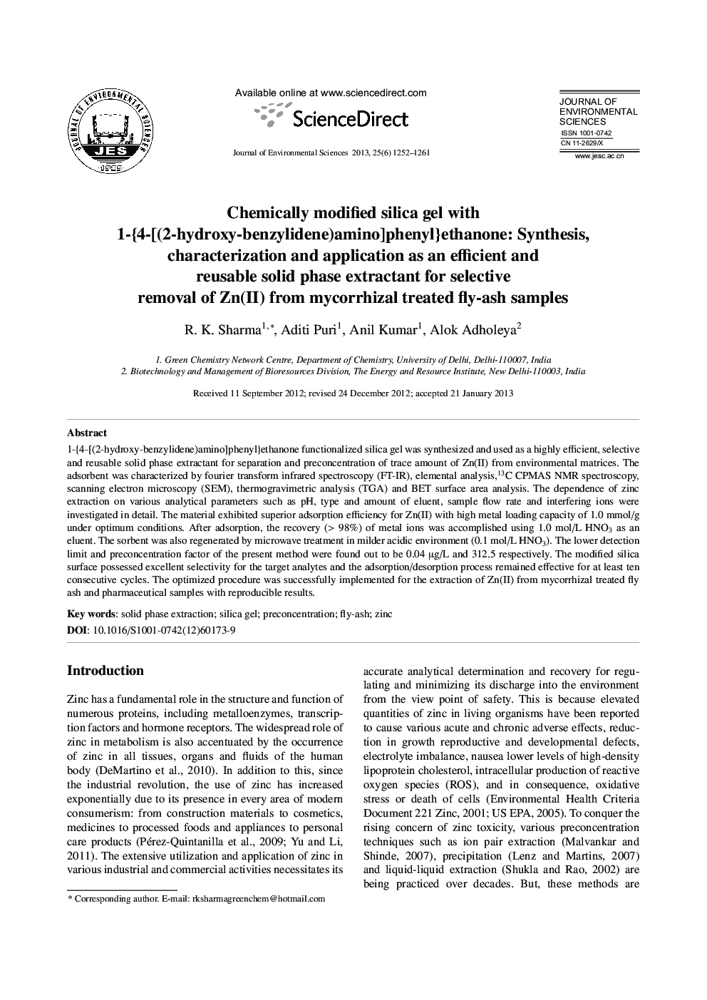 Chemically modified silica gel with 1-{4-[(2-hydroxy-benzylidene)amino]phenyl}ethanone: Synthesis, characterization and application as an efficient and reusable solid phase extractant for selective removal of Zn(II) from mycorrhizal treated fly-ash sample