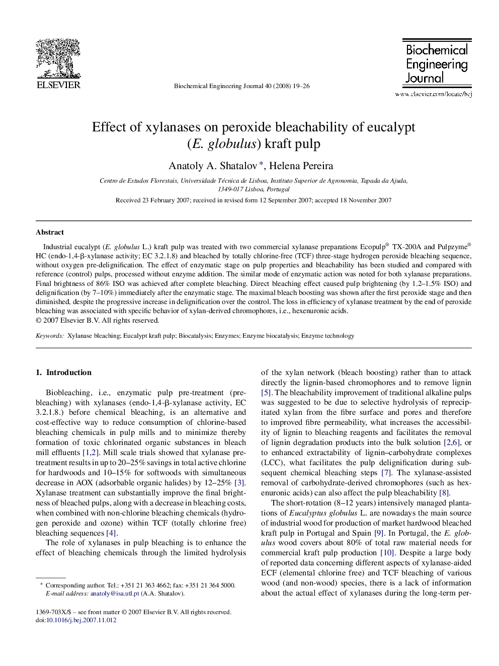 Effect of xylanases on peroxide bleachability of eucalypt (E. globulus) kraft pulp