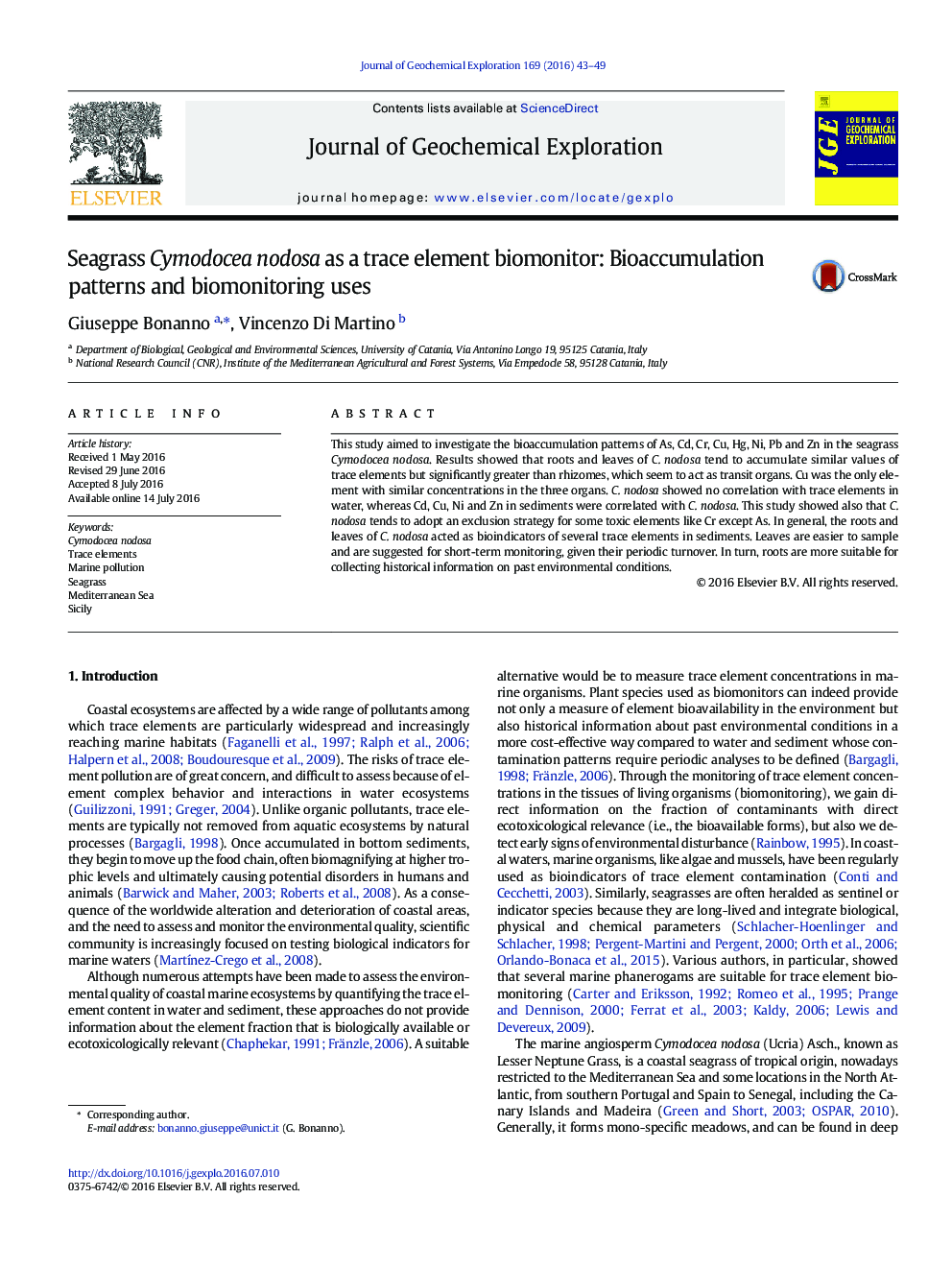 Seagrass Cymodocea nodosa as a trace element biomonitor: Bioaccumulation patterns and biomonitoring uses