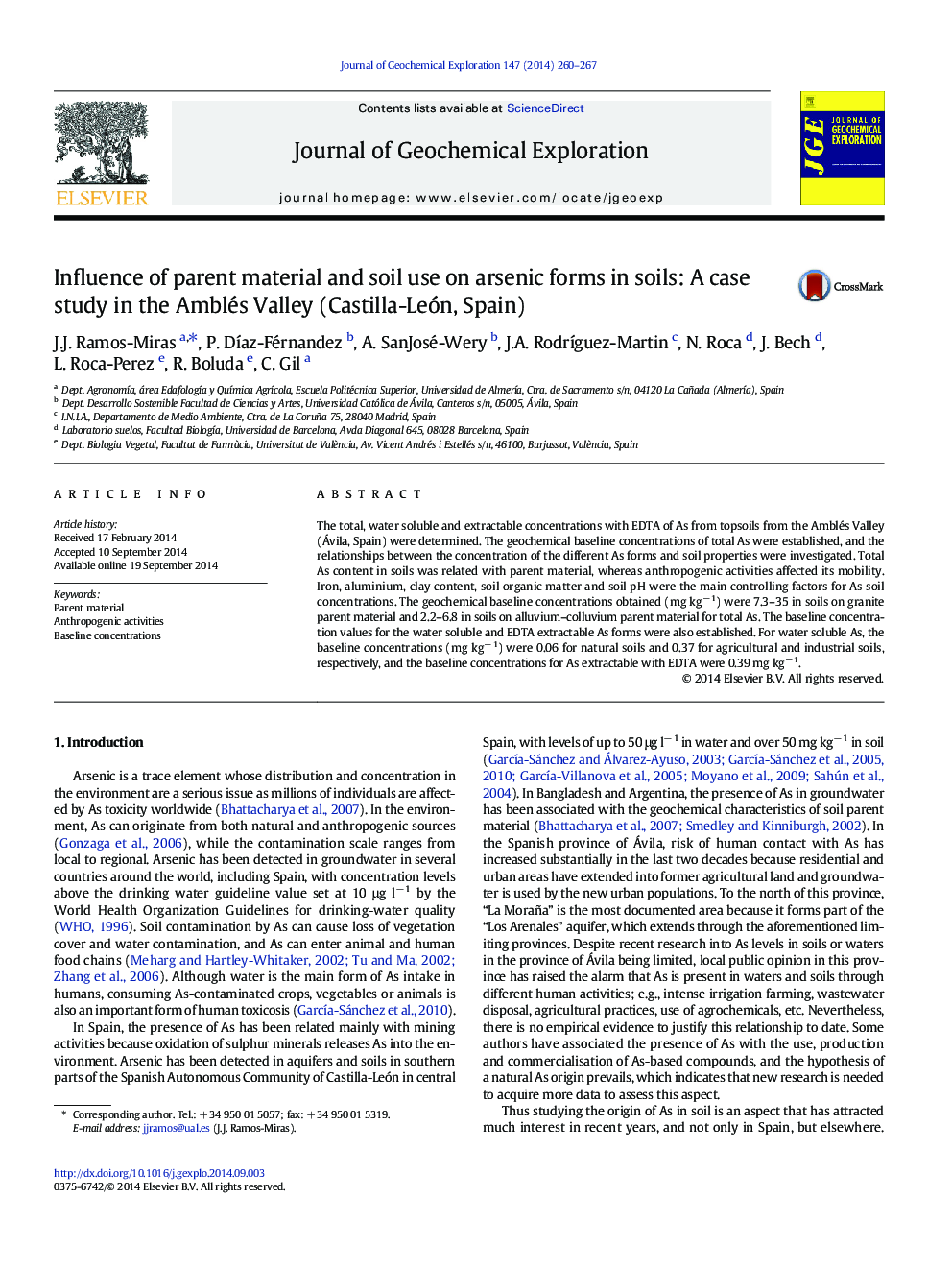 Influence of parent material and soil use on arsenic forms in soils: A case study in the Amblés Valley (Castilla-León, Spain)