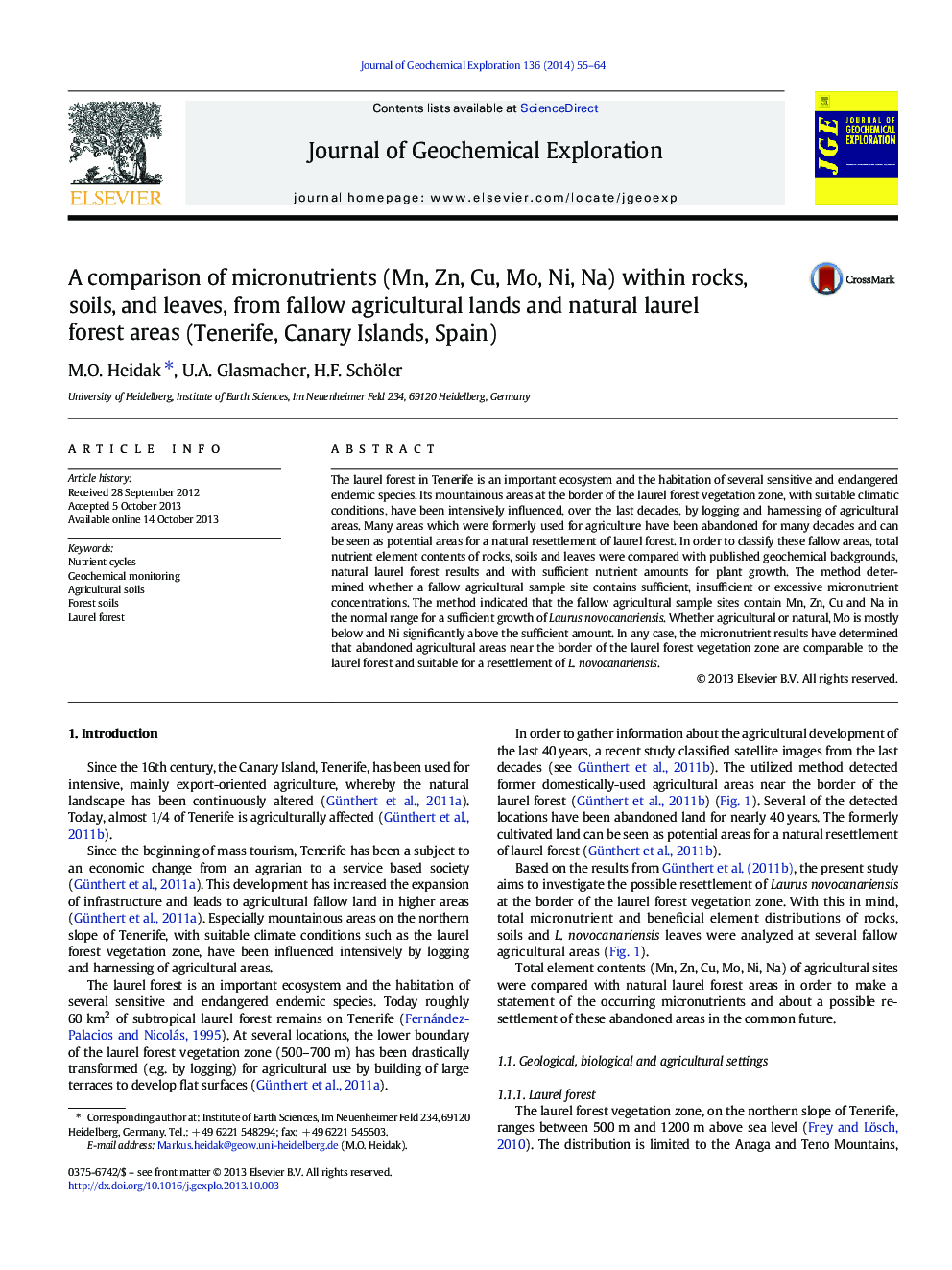 A comparison of micronutrients (Mn, Zn, Cu, Mo, Ni, Na) within rocks, soils, and leaves, from fallow agricultural lands and natural laurel forest areas (Tenerife, Canary Islands, Spain)