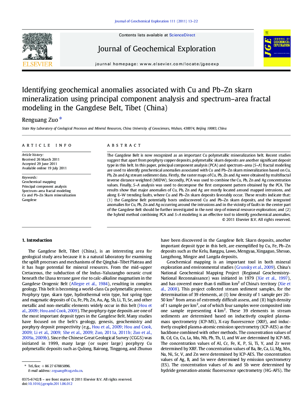Identifying geochemical anomalies associated with Cu and Pb–Zn skarn mineralization using principal component analysis and spectrum–area fractal modeling in the Gangdese Belt, Tibet (China)